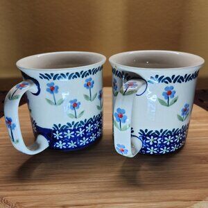 Polish Pottery Coffee Cups/Mugs Blue Daisy Hand Made Set of 2 New